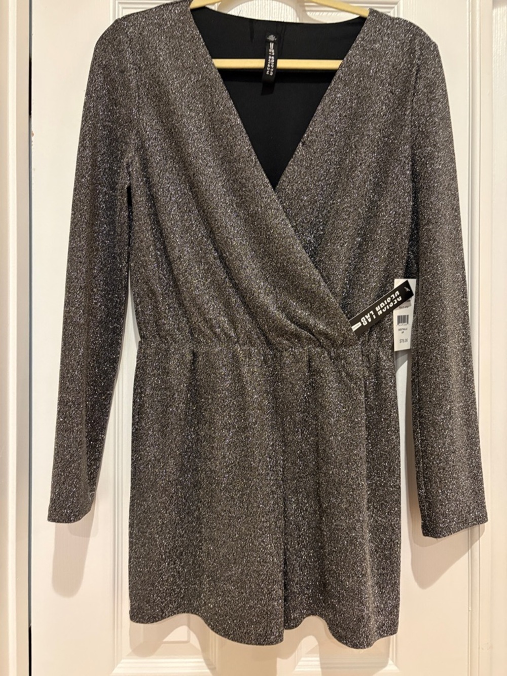 Express Silver Metallic Surplice Long Sleeve Dress Romper